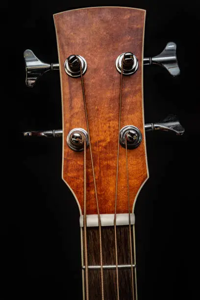 Close-up photo of a acoustic bassguitar headstock