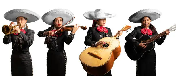 group of women playing mexican mariachi music, four women playing trumpet, violin, guitarron and guitar on a white background
