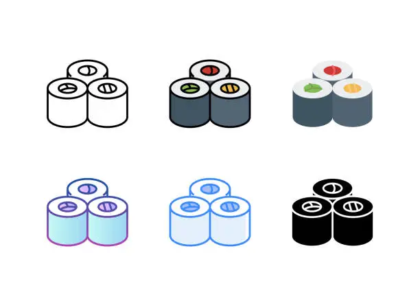 Vector illustration of Sushi icon. 6 Different styles. Editable stroke.