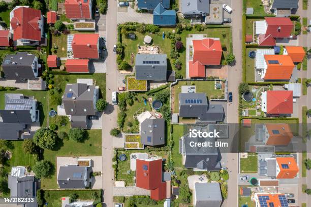Aerial View Of A Neighborhood Of New Homes Stock Photo - Download Image Now - House, Modern, Solar Panel