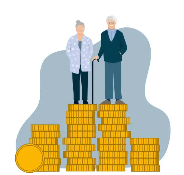 Vector illustration of Vector illustration showing a retired couple standing on a pile of coins. Symbol of a comfortable retirement pension. Wealthy old people.