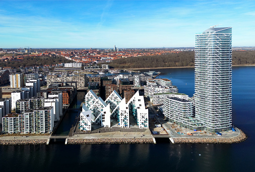 Aerial view of the skyline, waterfront and harbour area on a sunny day in Aarhus, Jylland - Denmark
