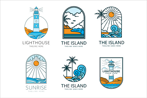 beach symbol on tropical island with palm trees and sunset ocean waves, lighthouse badge vector illustration