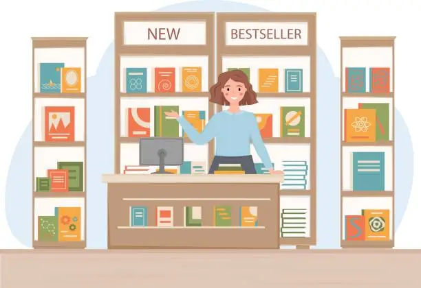 Vector illustration of woman shop assistant book store