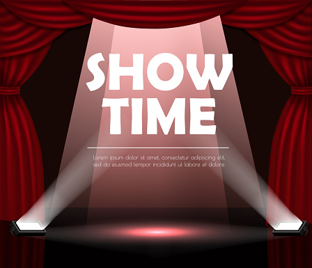 Realistic red curtains and stage with fairy glow, vector background. Award show. Stage red drapery and spotlights. Movie night or showtime.