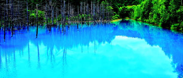 Biei Town, Hokkaido, Blue Pond stock photo