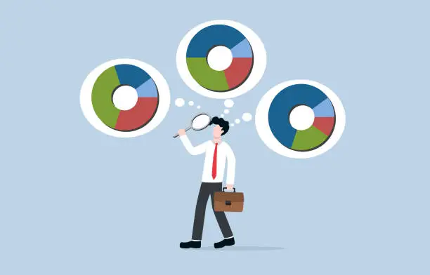 Vector illustration of Finding suitable investment portfolio type or appropriate asset allocation, considering diversification, investment strategy concept, Businessman holding magnifier to analyze pie charts.