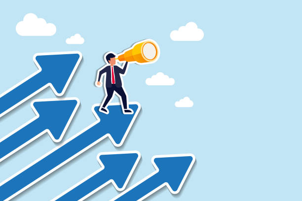istock Company success moving forward to progress for improvement concept, confidence businessman standing on growing arrows pointing up looking to the future with the telescope in the sky next target. Paper Cut Style 1472203681