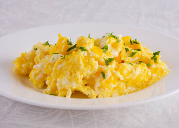 istock Scrambled Eggs with Seasonings on White Plate for Breakfast 1472204565
