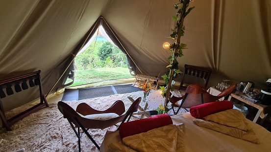 Glamping in luxurious tent in tropical Airlie Beach, Queensland, Australia