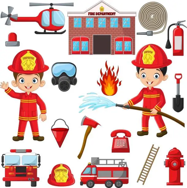 Vector illustration of Set of cartoon fireman element