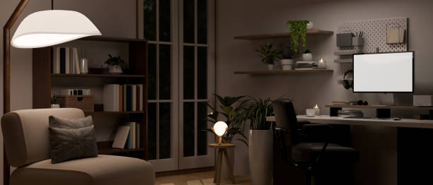 istock Modern contemporary dark home office interior design with computer mockup, and home decor 1472214071