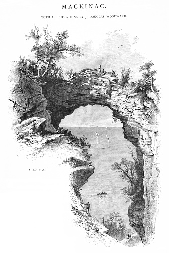 Natural Arched Rock at Mackinac Island, Michigan , USA. Copy space. Pen and pencil engravings published 1872. This edition edited by William Cullen Bryant is in my private collection. Copyright is in public domain.