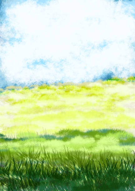Green meadow and blue sky with white clouds, watercolor illustration
