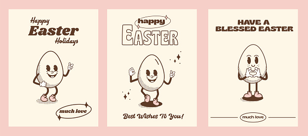 Set of Happy Easter Holidays greeting cards or prints in vintage nostalgic style. Funky retro Easter Egg cartoon character. Quirky outline mascot with halftone shadow. Vector illustration
