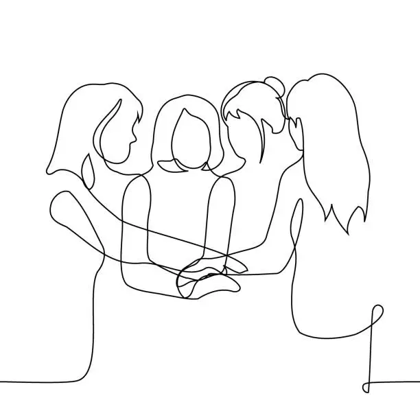 Vector illustration of women stand with palms together - one line drawing vector. concept women's friendship, women's solidarity, women's collective or team, feminism