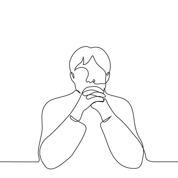 Vector illustration of man sitting at table with fingers crossed - one line drawing vector. concept man listening, thinking, skeptical attitude
