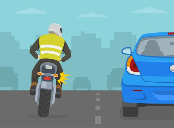 Vector illustration of Motorcycle rider is trying to overtake the car from the left side. Back view.