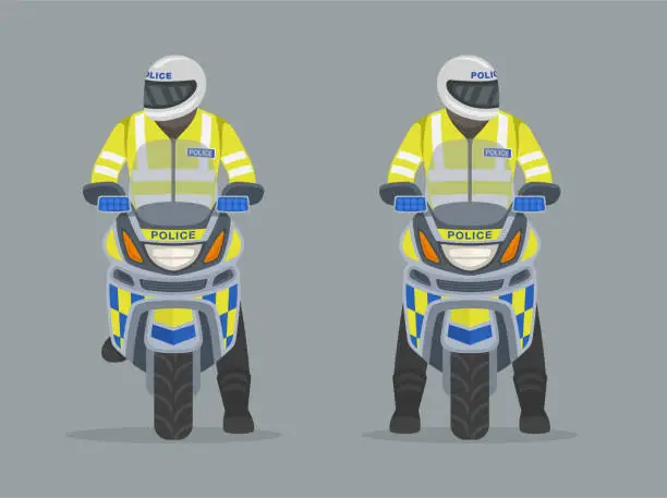 Vector illustration of Isolated european motorcycle patrol officer looks right and left. Front view of a traffic police officer on motorbike.