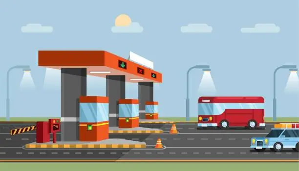 Vector illustration of Highway Toll Gate. Car City Transport Road flat cartoon illustration vector