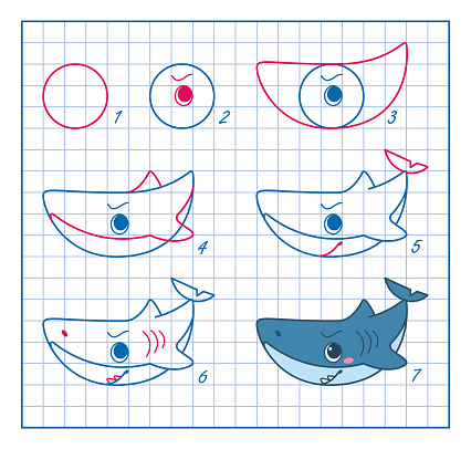  Ilustración de Cómo Dibujar Un Tiburón Lección De Dibujo Paso A Paso Para Niños Dibujo De Dibujos Animados Para Colorear y más Vectores Libres de Derechos de Animal
