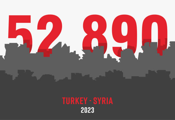 earthquake in turkey and syria poster design. destroyed cityscape on a background of number of victims of disaster. - turkey earthquake 幅插畫檔、美工  圖案、卡通及圖標