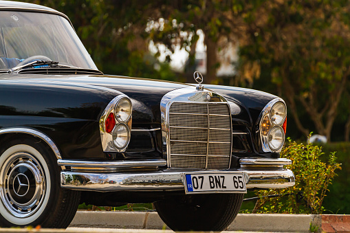 Side, Turkey -January 22, 2023:   Mercedes-Benz w108, front view. Photography of a classic car on a street