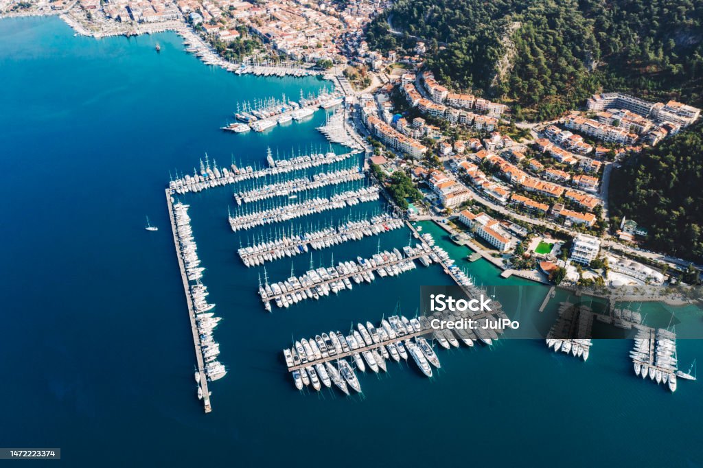 Drone aerial view of marina with yachts in Fethiye , Turkey Parking Stock Photo