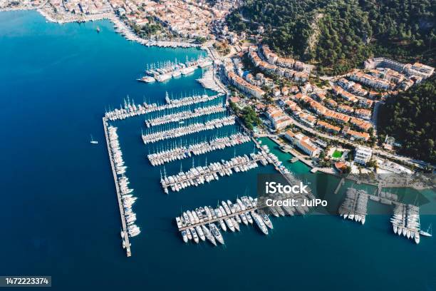 Drone Aerial View Of Marina With Yachts In Fethiye Turkey Stock Photo - Download Image Now