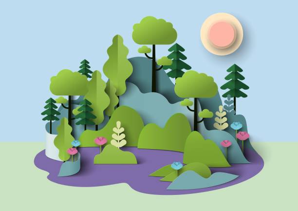 Summer forest nature landscape paper cut vector Summer forest nature landscape vector illustration. Woodland natural background paper cut origami style. Save the world with ecology and environment conservation concept papercutting stock illustrations