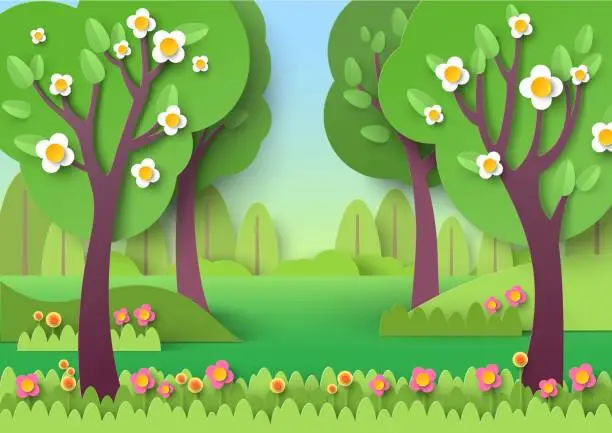 Vector illustration of Spring forest with tree and flowers in blossom paper cut vector