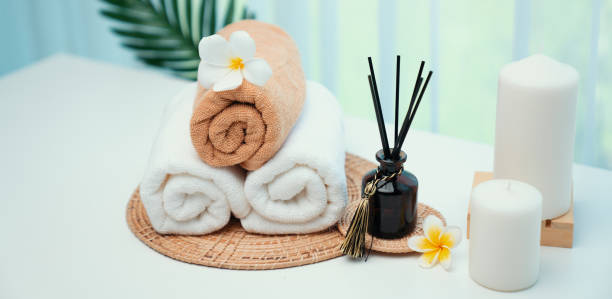 istock Spa accessory composition set in day spa hotel , beauty wellness center 1472228543