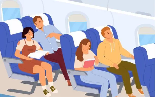 Vector illustration of Passengers on airplane board flat vector illustration