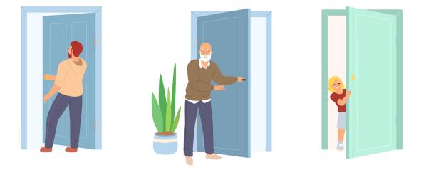 People go in and out door vector scene set People go in and out door vector scene set. Little girl child, young guy and elderly man inviting guest at home illustration. Characters and doorway concept cartoon of the saying goodbye stock illustrations