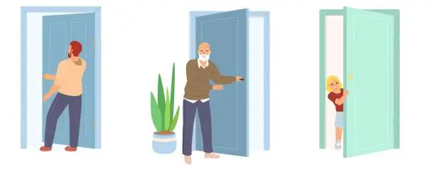 Vector illustration of People go in and out door vector scene set