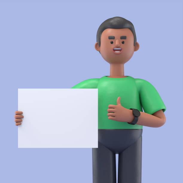 istock 3D illustration of handsome afro man David holding placard with thumb up, 3D rendering on blue background. 1472229674
