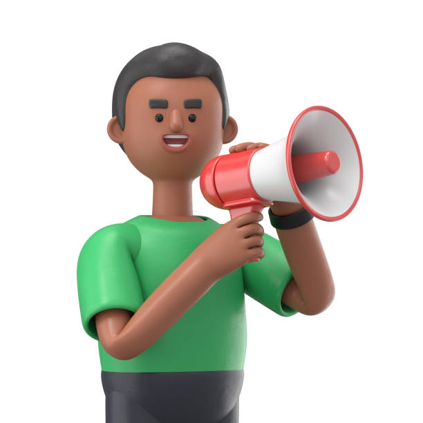 istock 3D illustration of handsome afro man David talking into megaphone, 3D rendering on white background. 1472229684