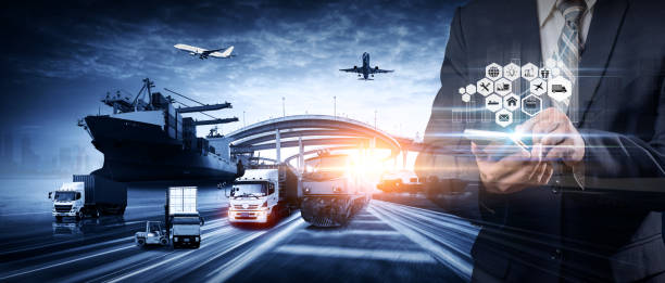 istock Smart technology logistics concept,  Businessman touching virtual screen world map of Global logistics network distribution, Air cargo trucking, Rail transportation and maritime shipping, Online goods orders worldwide 1472230473