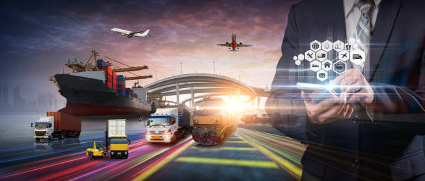 istock Smart technology logistics concept,  Businessman touching virtual screen world map of Global logistics network distribution, Air cargo trucking, Rail transportation and maritime shipping, Online goods orders worldwide 1472230488
