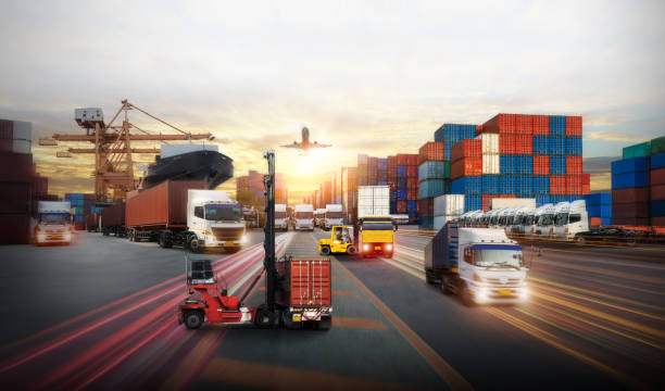 istock Logistics and transportation of Container Cargo ship and Cargo plane with working crane bridge in shipyard at sunrise, logistic import export and transport industry background 1472230497