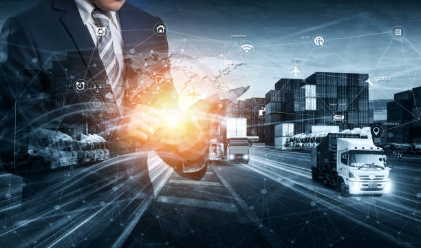 istock Smart logistics and transportation. Concept, Businessman use tablet and analyzing on logistic global network distribution on world map background 1472230518