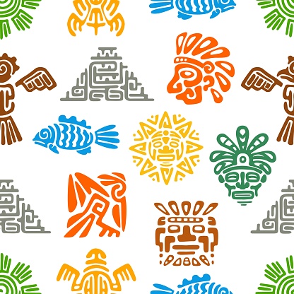 Mayan Aztec totems seamless pattern. Fabric or textile print, wrapping paper color backdrop with Mexico native Maya culture, Aztec indian pyramid, fish and sun, eagle, face mask symbols ornament