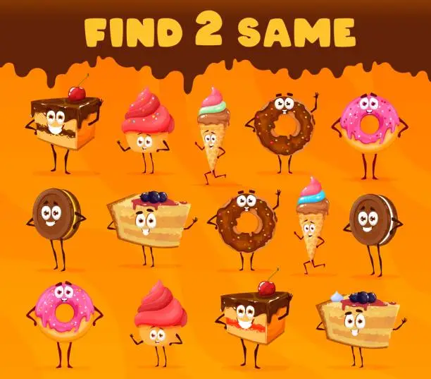 Vector illustration of Find two same cartoon bakery sweets and desserts