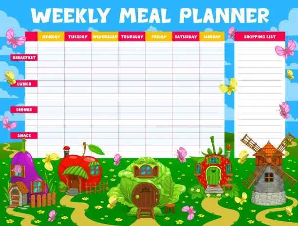 Vector illustration of Weekly meal planner, fairytale magic houses vector