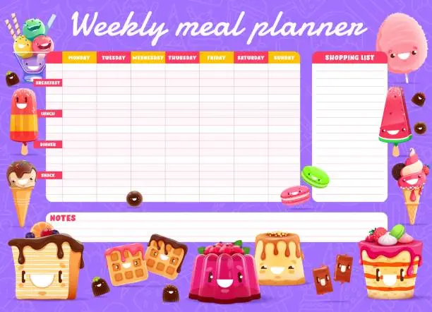 Vector illustration of Weekly meal planner cartoon sweets, ice cream
