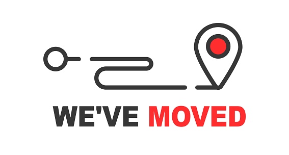Have moved sign, office address change or new location of home, vector map pin icon. Business store shop relocated announcement sign, We have moved icon with location pin point on road line