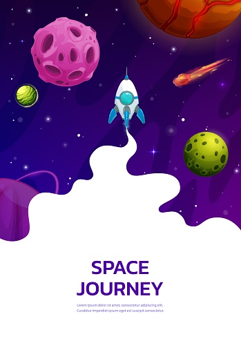 Landing page space. Cartoon rocket in starry universe. Comet, space planets and stars on startup launch web page template, company internet site vector layout or business project banner background