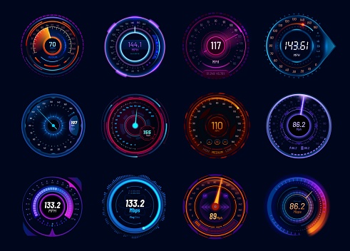 Futuristic car speedometer gauge dials. Neon led speed meter, vehicle tachometer or acceleration boost vector indicators, internet connection download ping test meter with speed info, glowing arrows