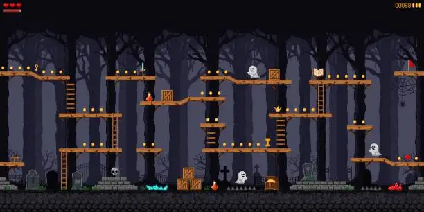 Vector illustration of Night forest and cemetery game level screen map