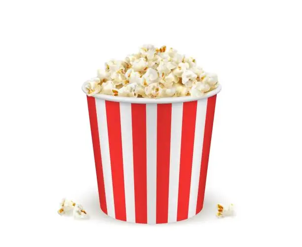 Vector illustration of Popcorn bucket, realistic pop corn 3d container